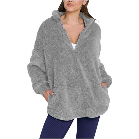 Lovskoo Womens Fuzzy Fleece Half-Zip Pullover Sweatshirt with Pockets Winter Fall Zipper Lapel Long Sleeve Casual Outerwear Gray