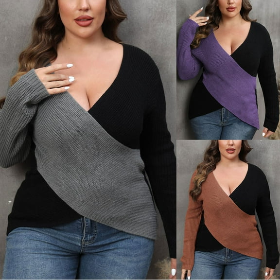 Lovskoo 2024 Wrap Sweaters for Women Trendy Color Contrast Splice Long Sleeve V-Neck Pullover Sweater Tops Brown