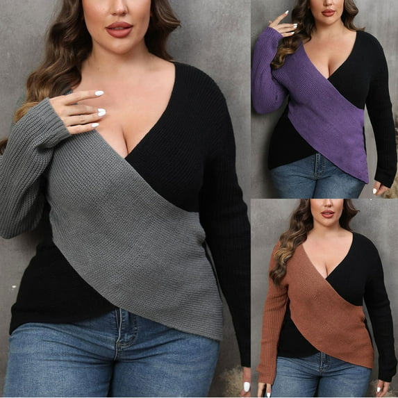 Lovskoo 2024 Wrap Sweaters for Women Trendy Color Contrast Splice Long Sleeve V-Neck Pullover Sweater Tops Purple
