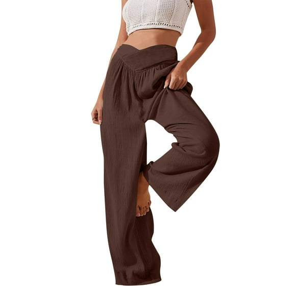 Lovskoo 2024 Yoga Pants Women Solid Color Comfortable Lounge Pants Casual Wide Leg Sports Pants Long Pants Coffee M