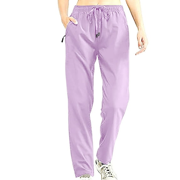Lovskoo 2024 Yoga Pants Women Solid Color Ice Silk Quick Drying Elastic Waist Trendy Pocket Zipper Casual Sports Sweatpants Trouser Purple M