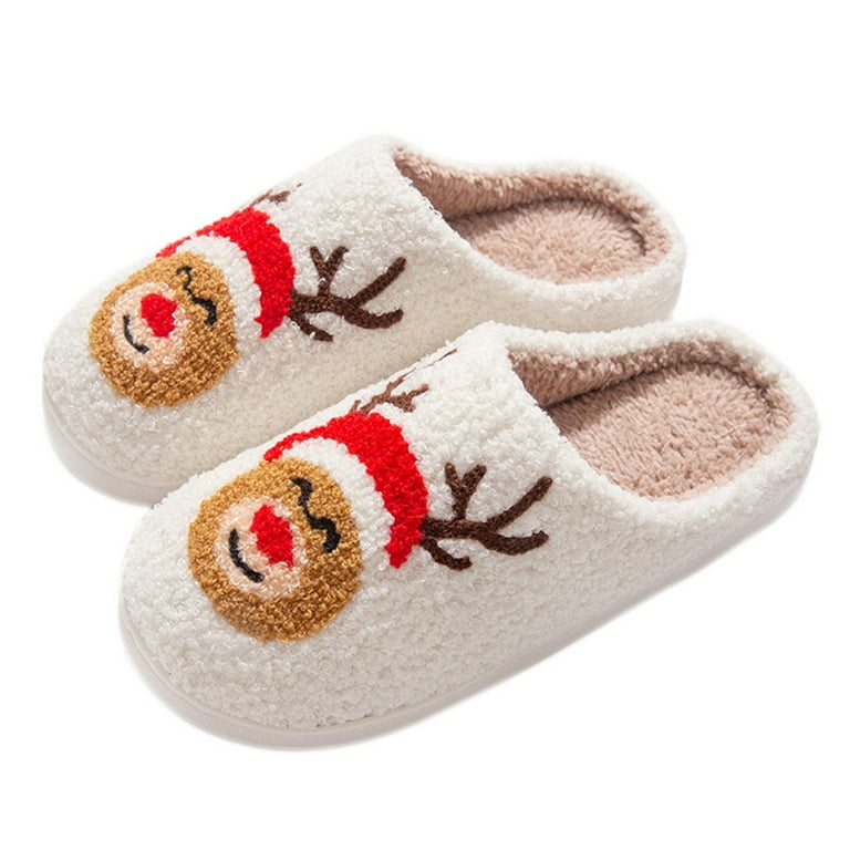 Lovskoo 2024 women's Novelty Christmas Slippers Cozy Novelty Fuzzy Slippers  Cute Curly Reindeer Flat Slide Comfy Soft Non-Slip House Shoes Indoor and  Outdoor, Warm Gift White 