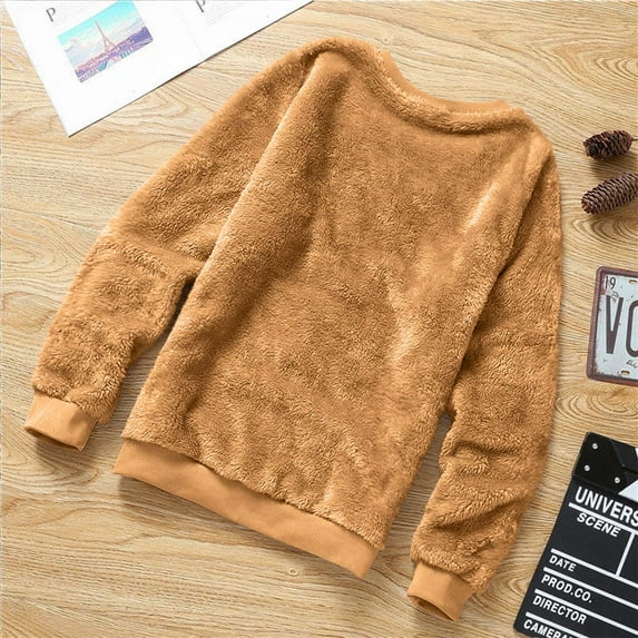Lovskoo 2025 Womens fuzzy Fleece Sweatshirts solid color long sleeve crewenck fall Winter Clothes Brown