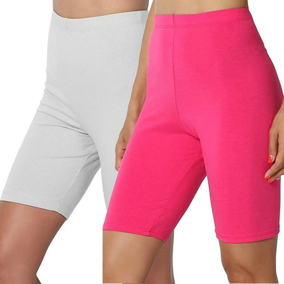 Lovskoo 2Pc Biker Shorts for Women Summer Trendy Solid Color Yoga Sport High Waisted Workout Spandex Shorts Hot Pink