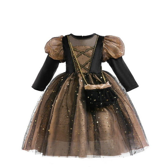 Zwiiyzr 3-12 Years Toddler Kids Girl Princess Dress Christmas Festival Girls Fashion Cute Party Clothing Princess Dress Candy Bags Set Gold