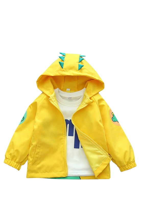 3-12Y Boys Rain Jacket Dinosaur Waterproof Hooded Raincoat Lightweight Windbreakers for Kids Outerwear Yellow