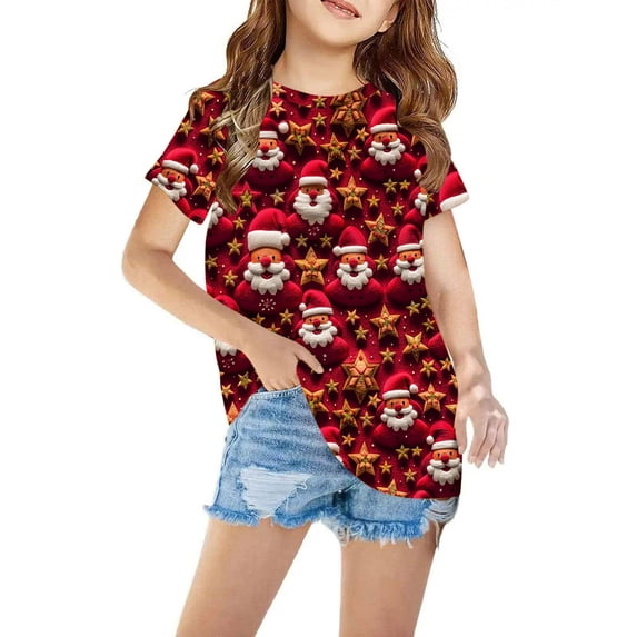 Zwiiyzr 3-14Y Christmas Shirts Toddler Boy Girls Short Sleeve Tees T-Shirt Christmas Graphic Tees Holiday Tops Toddler To Big Kids Claret