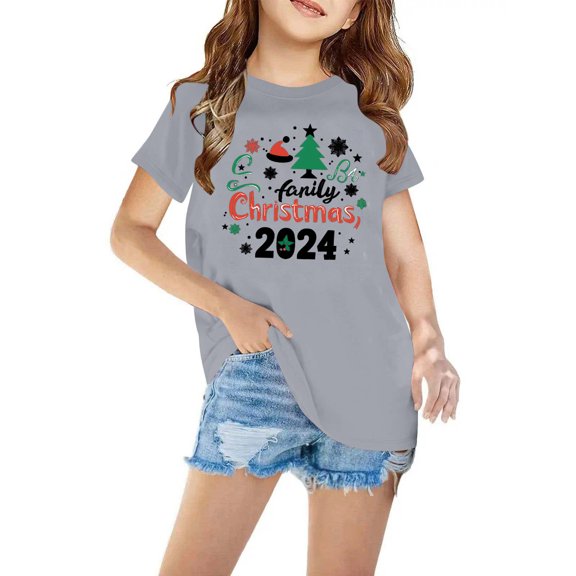 Zwiiyzr 3-14Y Toddler Boy Girls Christmas Shirts Short Sleeve Round Neck Tees T-Shirt Christmas Graphic Tees Holiday Tops Toddler To Big Kids Gray