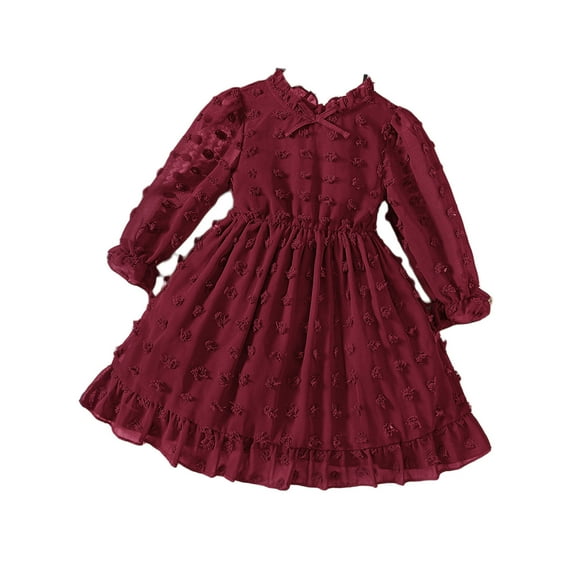 Lovskoo 3-8 Years Toddler Girls Spring And Fall Jacquards Polka Dots Ruffled Edges Round Neck Bow Long Sleeve Dress Red