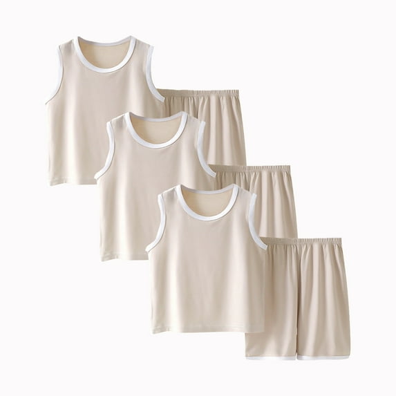 Lovskoo 3-Pack Infant Toddler Baby Boys Girls Summer Clothes Comfort Modal Pajamas Sets Sleeveless Tank Top and Shorts Summer Outfit Sets for 1-15 Years A-Beige