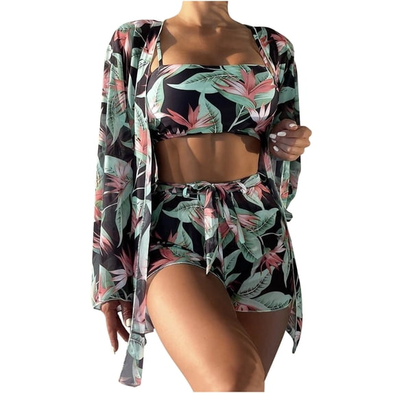 Lovskoo 3 Piece Swimsuits for Women 2024 Boho Outfits Floral Tropical Bikini Short Sets Summer Beach Cover Ups Black