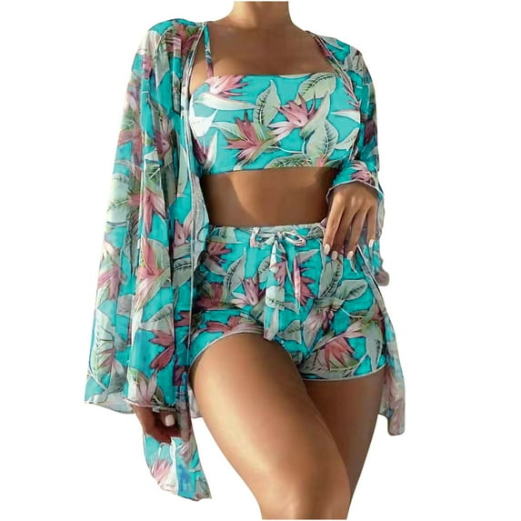 Lovskoo 3 Piece Swimsuits for Women 2024 Boho Outfits Floral Tropical Bikini Short Sets Summer Beach Cover Ups Green