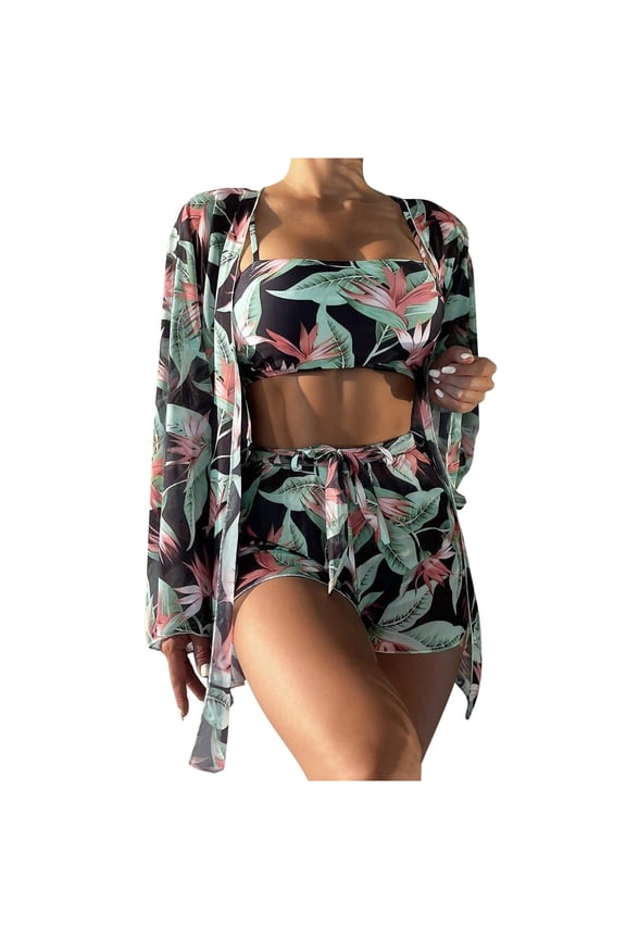 3 Piece Swimsuits for Women Boho Outfits Floral Tropical Bikini Short Sets Summer Beach Cover Ups Black