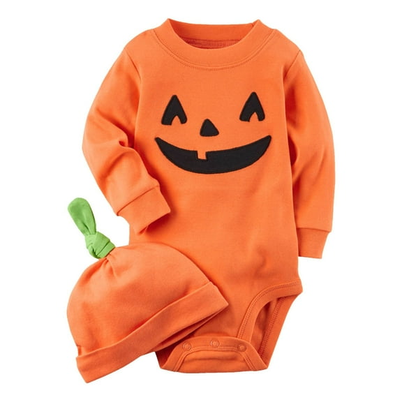 Zwiiyzr 3M-2T Newborn Baby Boy Girl Halloween Outfit Cotton Long Sleeve Romper Jumpsuit with Hat Fall Clothes Orange