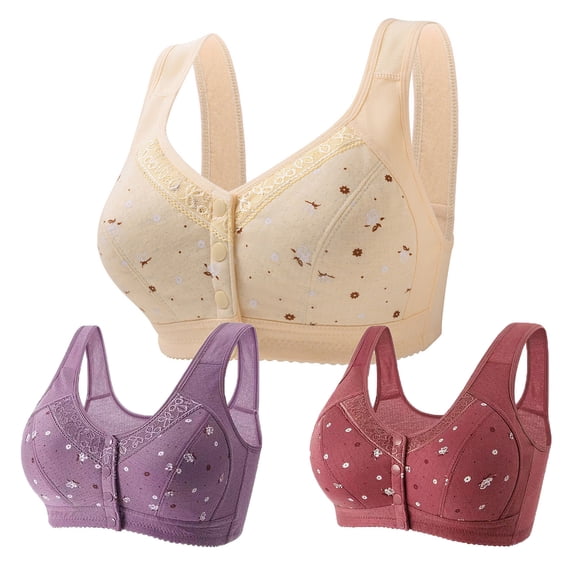 Gpaecead 3Pack Women Plus Size Floral Wirefree Bra Convenient Front Button Closure Full Coverage Breathable Comfy Bralette for Mom Grandma Gift Bra Claret 4XL