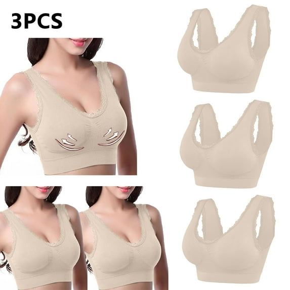 Lovskoo 3Pc Women's Sports Bra Lace Cami Bra Wireless Tank Top Bra Comfortable Everyday Bras For Women Leisure Beige
