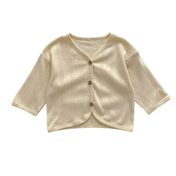 Zwiiyzr 6M-3T Girls Cardigan Cable Knit Sweater Long Sleeve Open Front Button Lightweight Solid Crochet Cardigan Beige