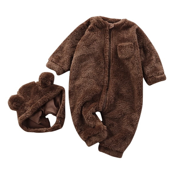 Zwiiyzr 6M-3T Toddler Baby Girls Boys Fuzzy Fleece Romper with Hat Set Long Sleeve Solid Color Warm Onesie Round Neck Jumpsuit Romper Brown