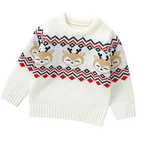 Zwiiyzr 6M-3Y Kids Boys Girls Christmas Sweaters Holiday Reindeer Knit Pullover Sweatshirt Long Sleeve Tops Shirt 2-8 Years White