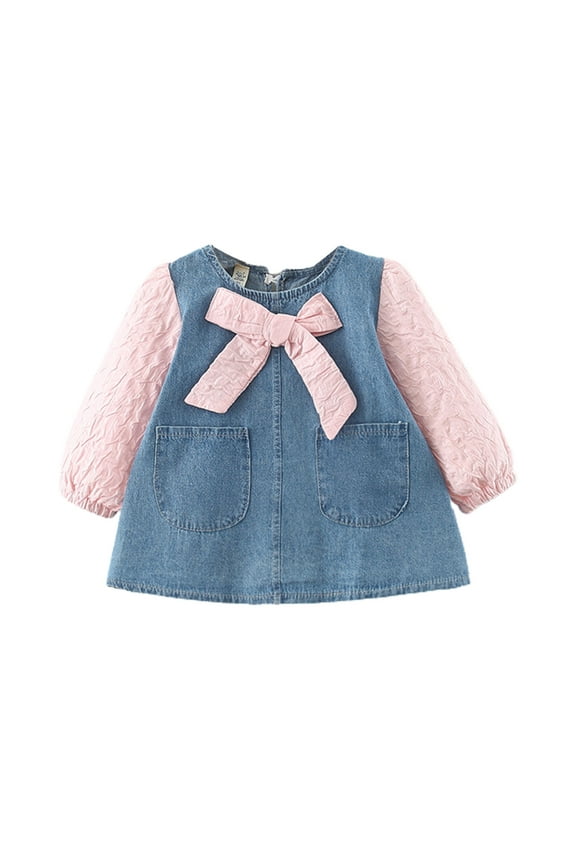 8M-5T Infant Baby Girls Princess Dress Kids Denim Shirt Dress Spliced Long Sleeve Dress Toddler Birthday Party Gowm Pink
