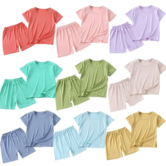 Lovskoo 9-Pack Infant Toddler Baby Boys Girls Summer Clothes Comfort Modal Pajamas Sets Solid Color Short Sleeve Top and Shorts Summer Outfit Sets for 6M-7Y B-Multicolor*9