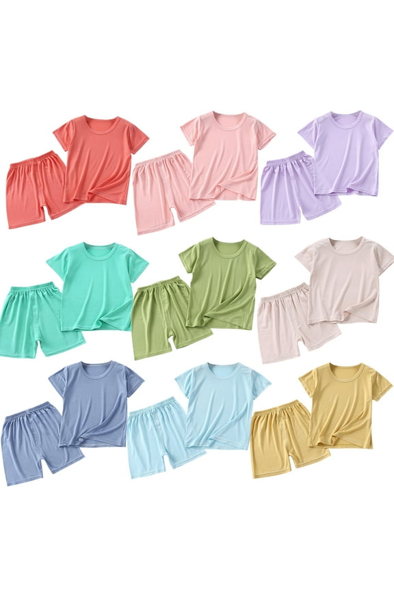 9-Pack Infant Toddler Baby Boys Girls Summer Clothes Comfort Modal Pajamas Sets Solid Color Short Sleeve Top and Shorts Summer Outfit Sets for 6M-7Y B-Multicolor*9
