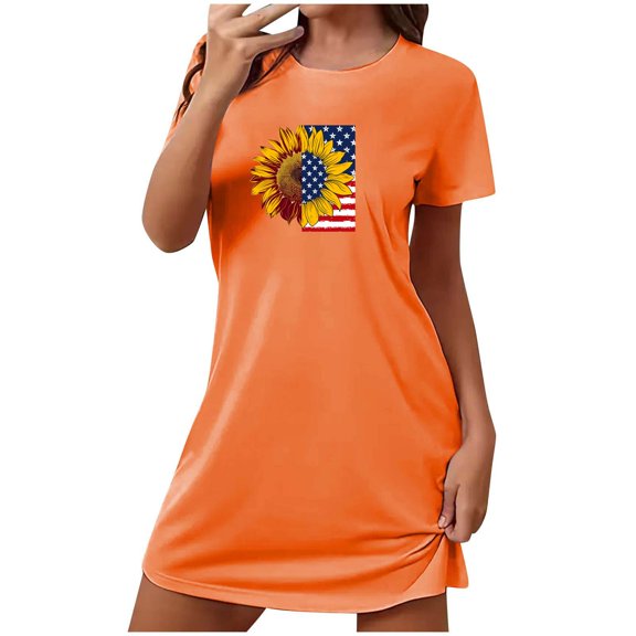 Lovskoo American Flag Nightgowns for Women Plus Size Night Shirts 4Th Of July Patriotic Graphic Short Sleeve Mini Dress Night Gown Dress Casual Pajamas Soft Sleepwear Orange
