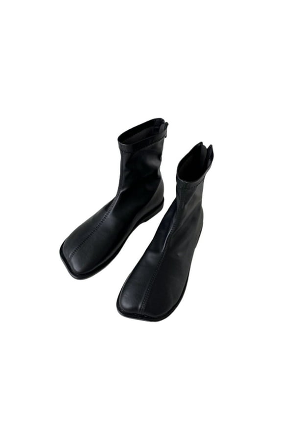 Ankle Boots for Women Square Toe Platform Fall And Winter Single 2024 Flat Back Zipper Foolproof Soft Leather Versatile Short Boots Black