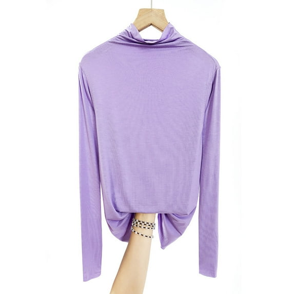 Lovskoo Basic Long Sleeves for Women Model Mock Neck Tops Loose Solid Color Casual Pullovers Tee Shirts Basic Tops Purple M