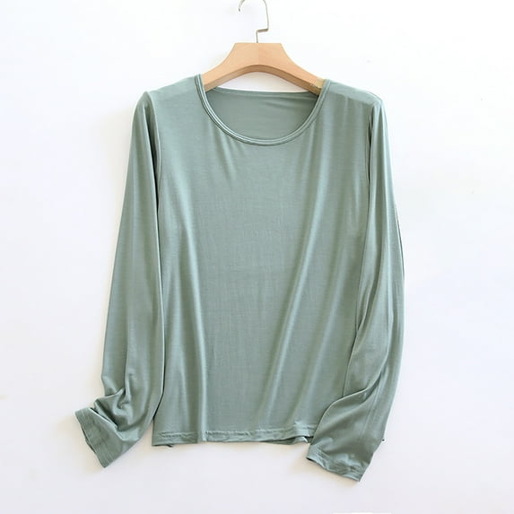 Lovskoo Basic Long Sleeves for Women Pajama Tops Round Neck Tops Loose Casual Pullovers Tee Shirts Basic Tops Green L