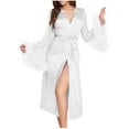 thumbnail image 1 of Lovskoo Bathrobe for Women Long Sleeve Trendy Patchwork Mesh Pajamas Satin Fuzzy Trim Robe Bridesmaid Robe Solid Color Wedding Party Robe with Belt White, 1 of 5