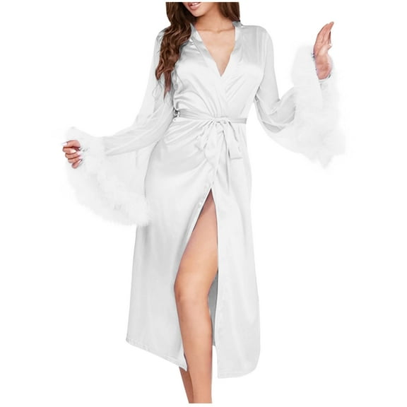 Lovskoo Bathrobe for Women Long Sleeve Trendy Patchwork Mesh Pajamas Satin Fuzzy Trim Robe Bridesmaid Robe Solid Color Wedding Party Robe with Belt White