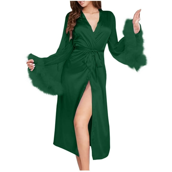 Lovskoo Bathrobe for Women Long Sleeve Trendy Patchwork Mesh Pajamas Satin Fuzzy Trim Robe Bridesmaid Robe Solid Color Wedding Party Robe with Belt Green
