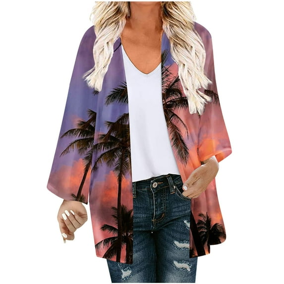 Lovskoo Beach Cover Up Women Loose Chiffon Floral Print Puff Sleeve Kimono Cardigan Casual Blouse Tops Red