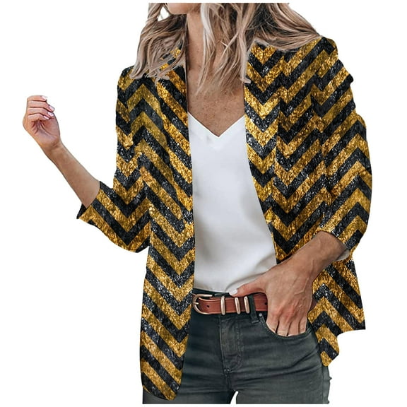 Lovskoo Blazers for Women Business Casual Open Front Lapel Long Sleeve Stripe Print Pocket Suit Work Office Jackets Blazer Gold