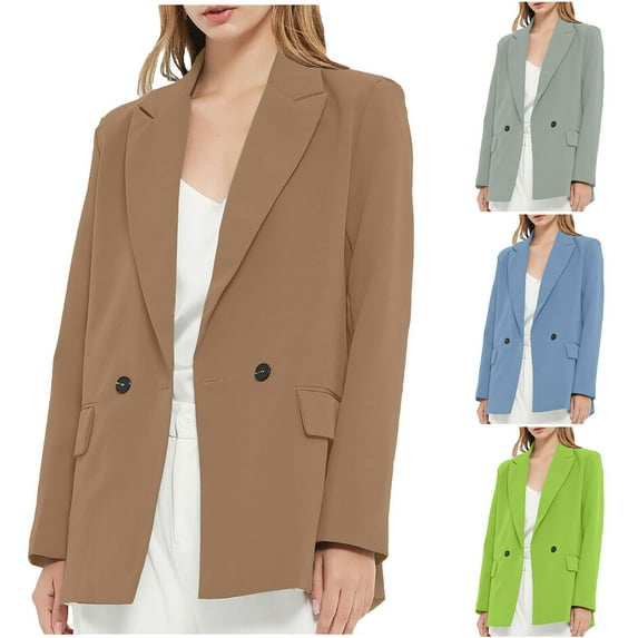 Lovskoo Blazers for Women Business Casual Solid Color Long Sleeve Button Suit Coat Long Sleeve Coat/Jacket Olive Green