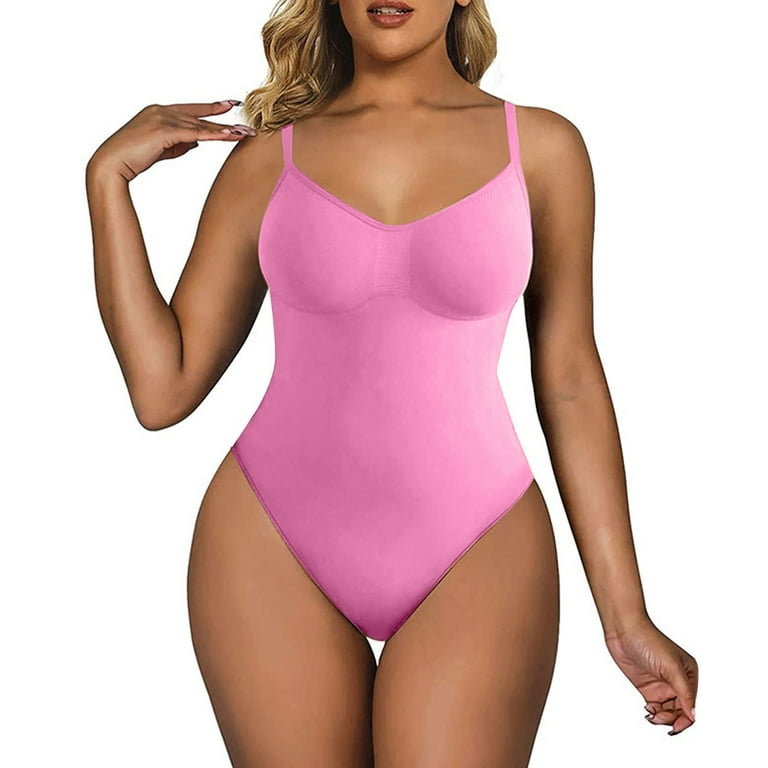 Lovskoo Bodysuit for Women Tummy Control Shapewear Seamless Sculpting Solid  Color Thong Body Shaper Spaghetti Strap Tank Top Pink S 