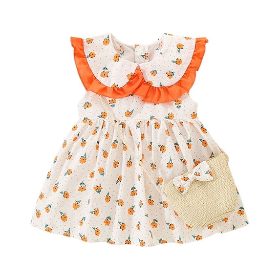 Lovskoo Boho Baby Dress Toddler Girl Summer Out Lace Doll Collar Bow Sleeveless Floral with Hat for 1-4 Years Baby Clothes Orange