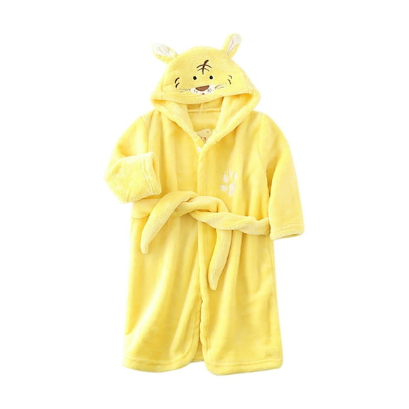 Zwiiyzr Boys Girls Robe Kids Flannel Hooded Bathrobe with Belt Toddler Cute Fleece Soft Fuzzy Bathrobe for Gifts Yellow
