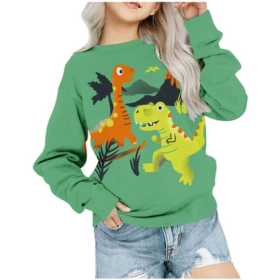 Zwiiyzr Boys and Girls Dinosaur Sweashirt Long Sleeve T-Shirt Printed Round Neck Pullover Tops Aged 1-12 Years Green