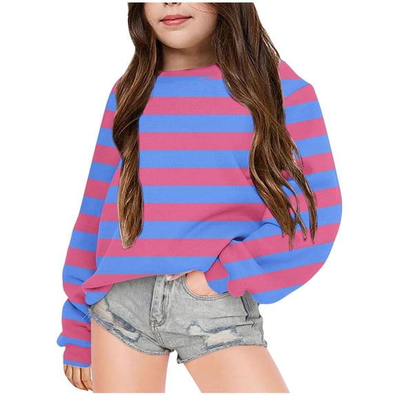 Lovskoo Boys and Girls Sweashirt Long Sleeve T-Shirt Stripe Printed Round Neck Pullover Tops Aged 1-12 Years Purple