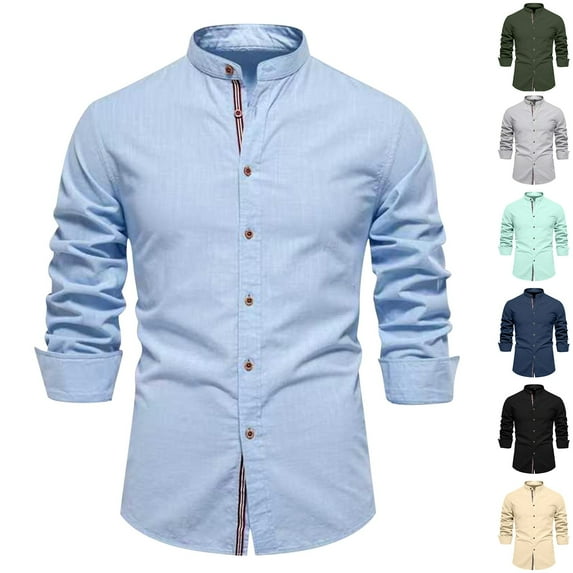 Lovskoo Business Shirts for Men Cotton And Linen Casual Solid Color Long Sleeve Shirts Stand Up Collar Top Shirts Dark Blue