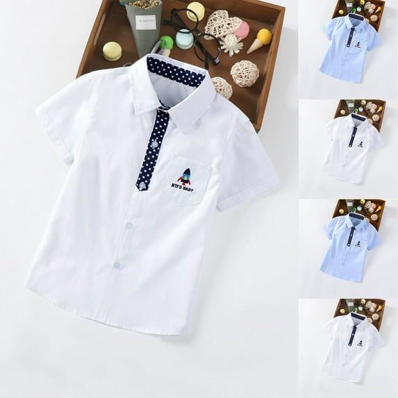 Zwiiyzr Button Down Shirts for Kids Boys Short Sleeve Printed Thin Shirt Casual for 3-8 Years Spring and Summer Shirt White