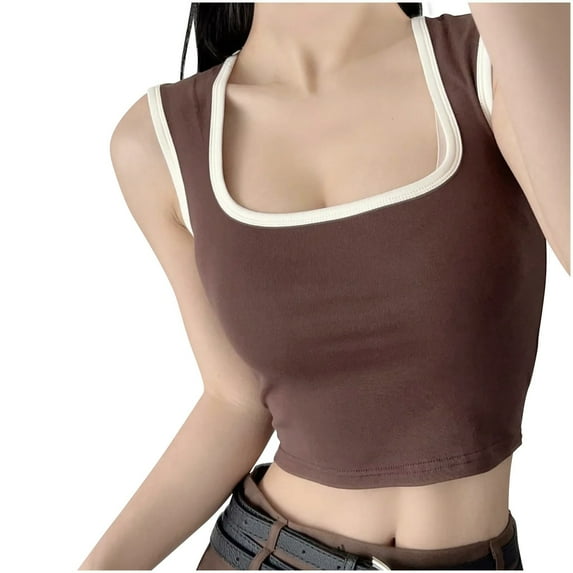 Lovskoo Camisole Tops for Women Round Neck Summer Sleeveless Solid Color Spaghetti Strap Slim Bottom Undershirt Tanks Brown L
