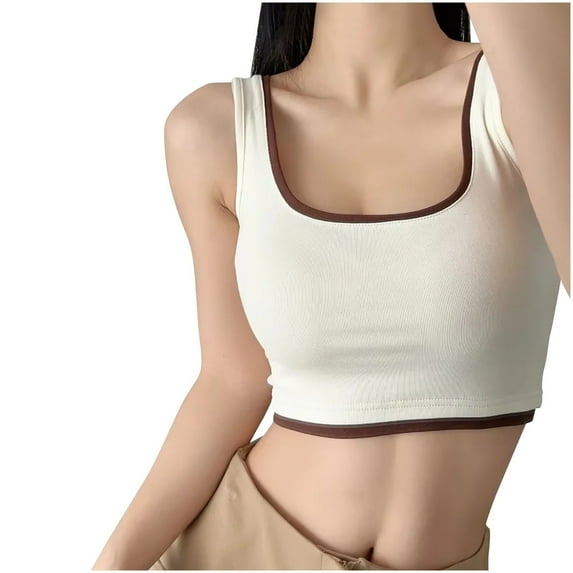 Lovskoo Camisole Tops for Women Scoop Neck Summer Sleeveless Solid Color Spaghetti Strap Slim Bottom Undershirt Tanks Beige L