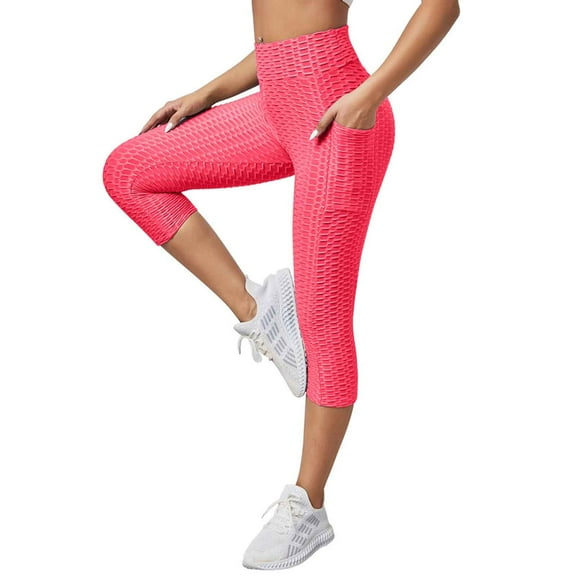 Lovskoo Capri Leggings for Women Solid Color High Waisted Tummy Control Cropped Workout Yoga Pants Pink