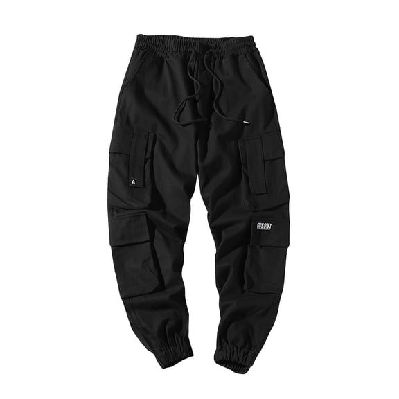 Lovskoo Capri Pants for Men Solid Color Casual Pocket Outdoor Elastic Waistbelt Jogger Drawstring Trousers Work Pants Black