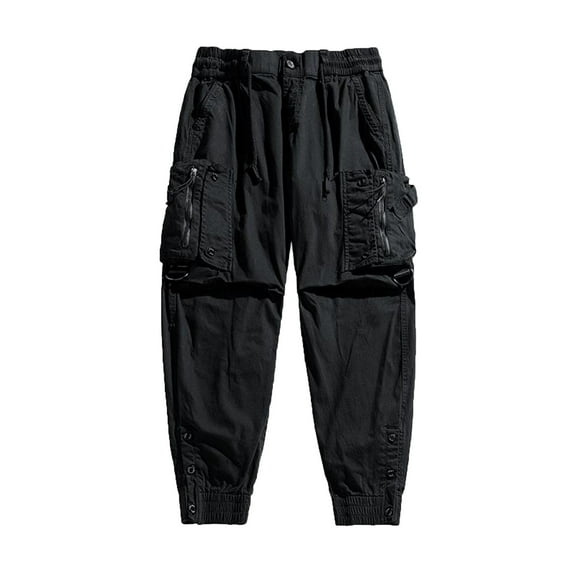 Lovskoo Capri Pants for Men Solid Color Pants Cargo Pocket Lace Up Casual Sweatpants Pencil Full Length Pants Black