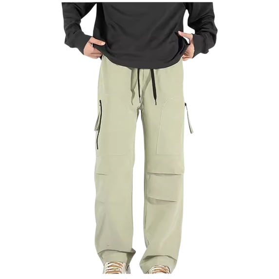 Lovskoo Capri Pants for Men Trendy Casual Solid Color Pockets Elastic Drawstring Casual Pants Beige