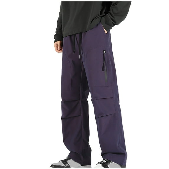 Lovskoo Capri Pants for Men Trendy Casual Solid Color Pockets Elastic Drawstring Casual Pants Purple